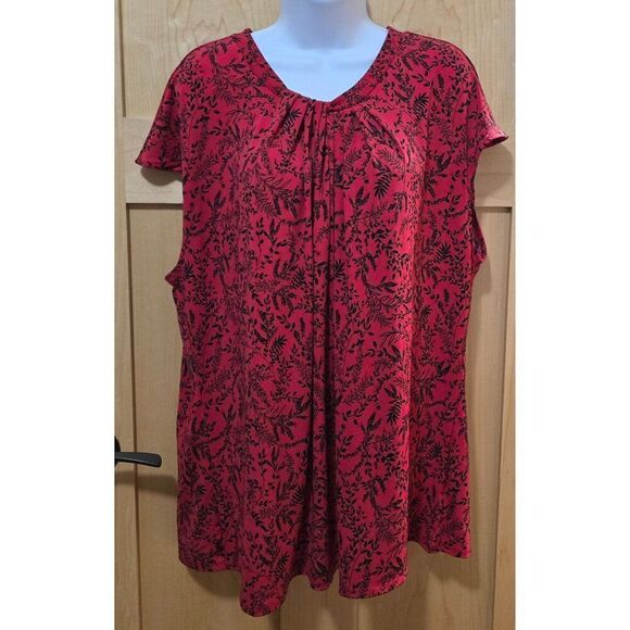 Red & Black Leaf Pattern Womens Blouse With Pleated Front Design & Cap Sleeves - Picture 2 of 9